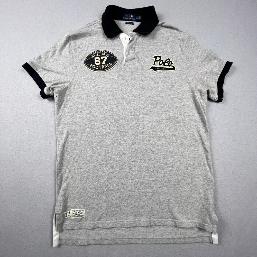 Polo Ralph Lauren Polo Shirt Mens Large Gray Football Varsity Patch Custom Fit